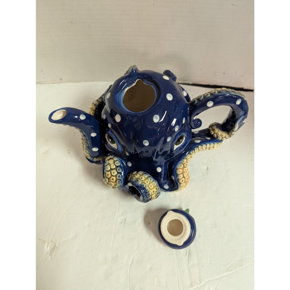 Blue Sky Claywork Blue Octopus Ceramic Teapot Polka Dot Nautical Coastal Novelty - Picture 7 of 8